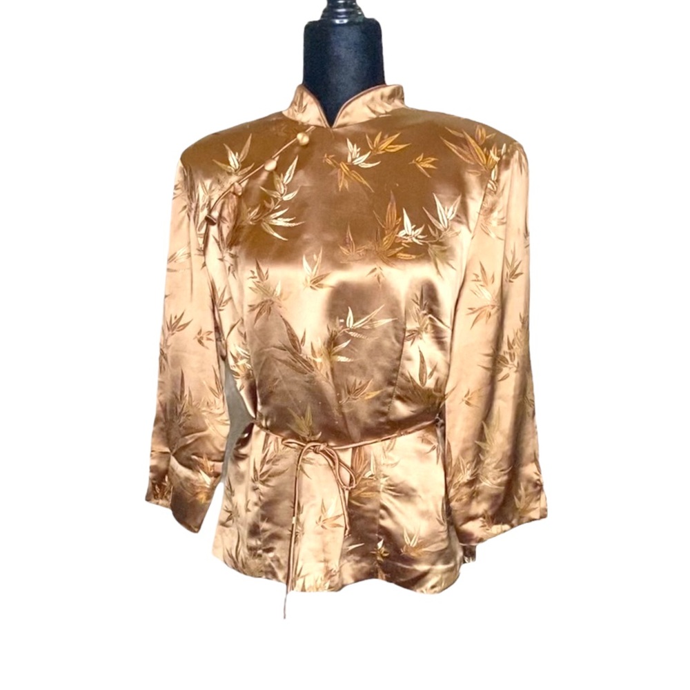 Jessica Howard Vintage 90s Robe Kimono Satin Top Jacket Faux Wrap Gold Sz Large - Picture 6 of 13